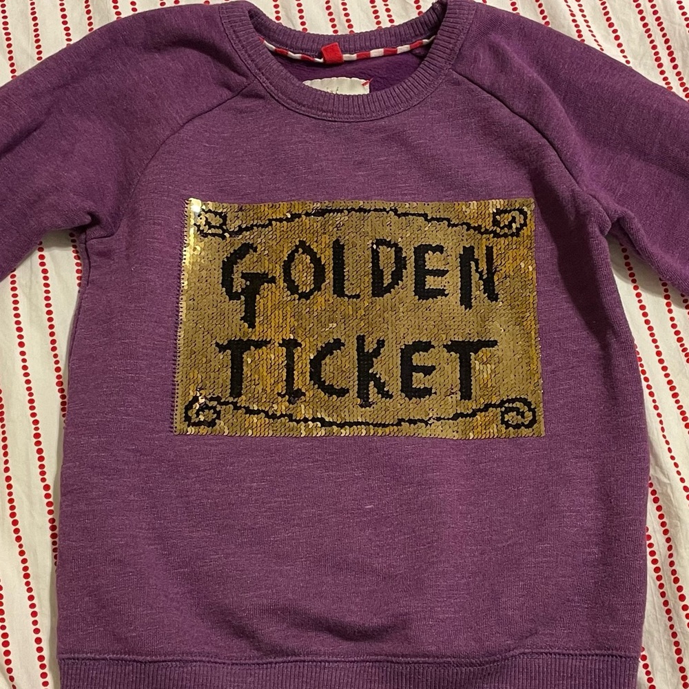 Mini Boden Willy Wonka Golden Ticket Sweater 4/5 Dahl sequins holiday